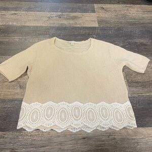 LC Lauren Conrad Beige Short Sleeve Knit Sweater with lace appliqué. Size XS